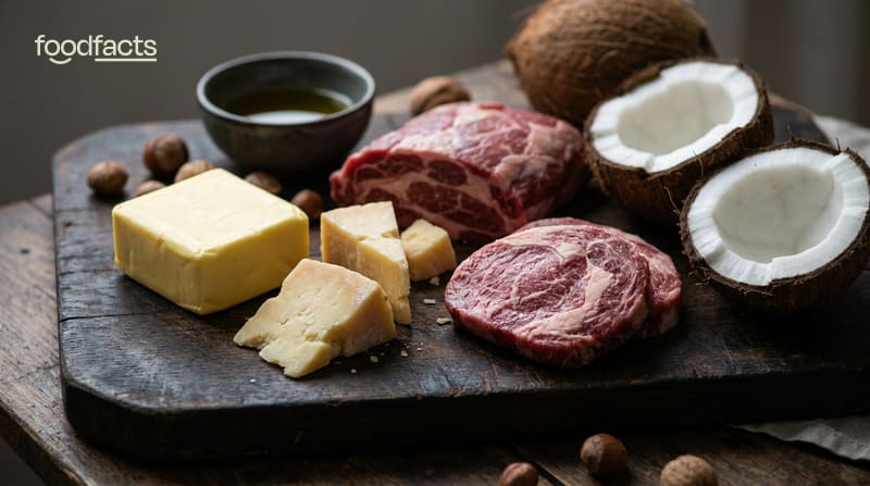 Saturated fat foods including butter, cheese and red meat on a wooden board