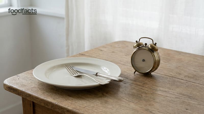 An empty plate with cutlery and a clock on a table representing time-restricted eating