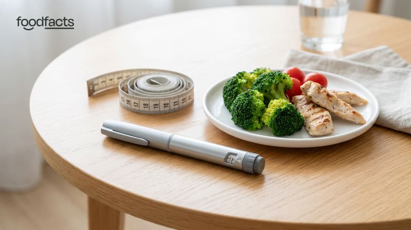 An injection pen and a tape measure beside healthy food on a table