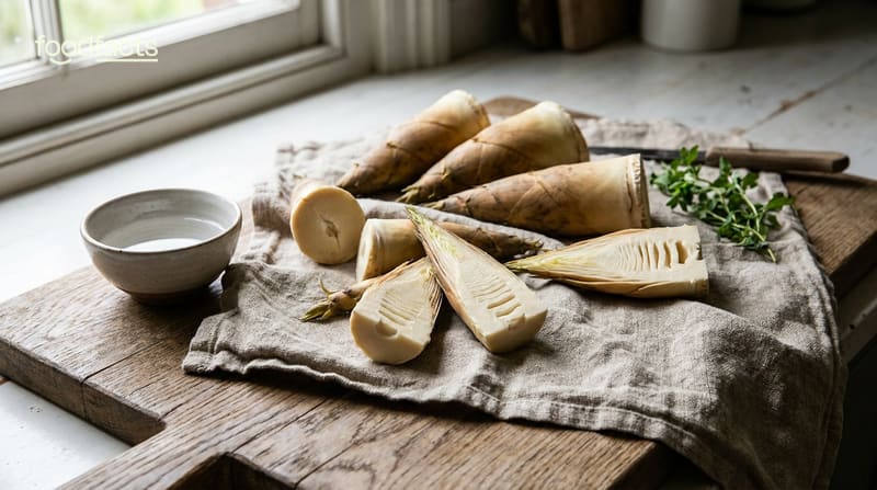 Fresh bamboo shoots, some sliced, on a wooden board with a cloth