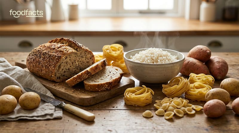 An assortment of carbohydrate foods including bread, rice, pasta and potatoes