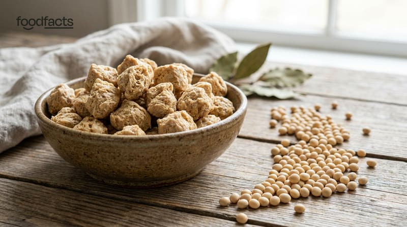 Textured soy protein pieces in a bowl beside dry soybeans on a table