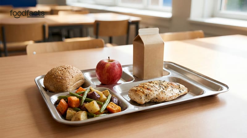A school lunch tray with a balanced meal of vegetables, protein and fruit