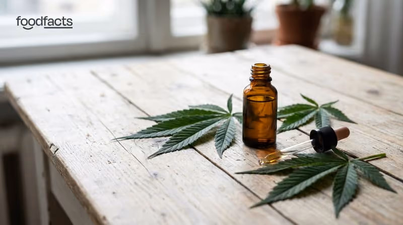 A bottle of CBD oil with a dropper beside fresh hemp leaves on a table