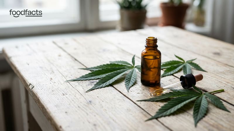 A bottle of CBD oil with a dropper beside fresh hemp leaves on a table