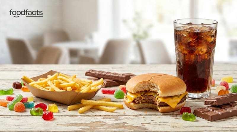 An array of junk food including a burger, fries, sweets and a fizzy drink