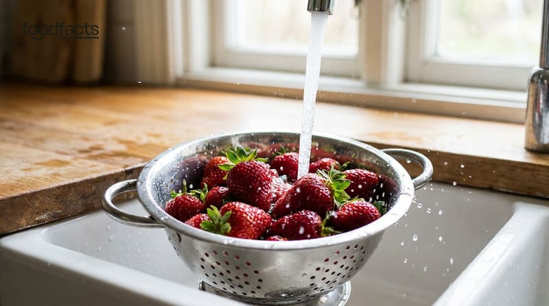 Fresh strawberries being rinsed under running water in a metal colander