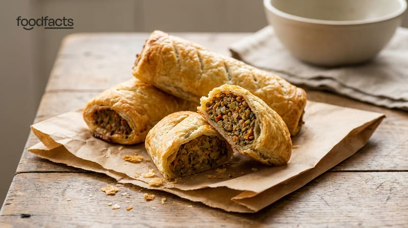 A flaky vegan sausage roll on a paper bag on a table