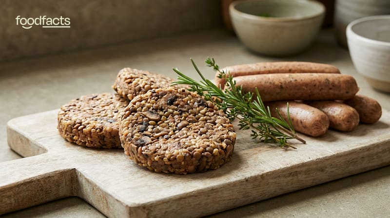 Plant-based burger patties and sausages on a board
