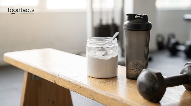 A tub and scoop of creatine powder with a shaker bottle and a dumbbell