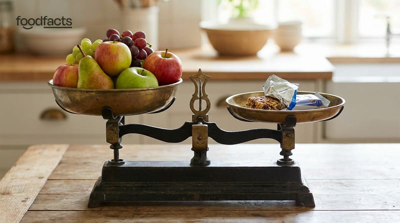 A set of kitchen balance scales weighing fresh fruit against processed food