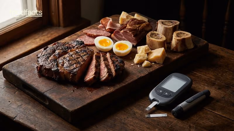 A steak, eggs and animal-based foods beside a blood glucose monitor