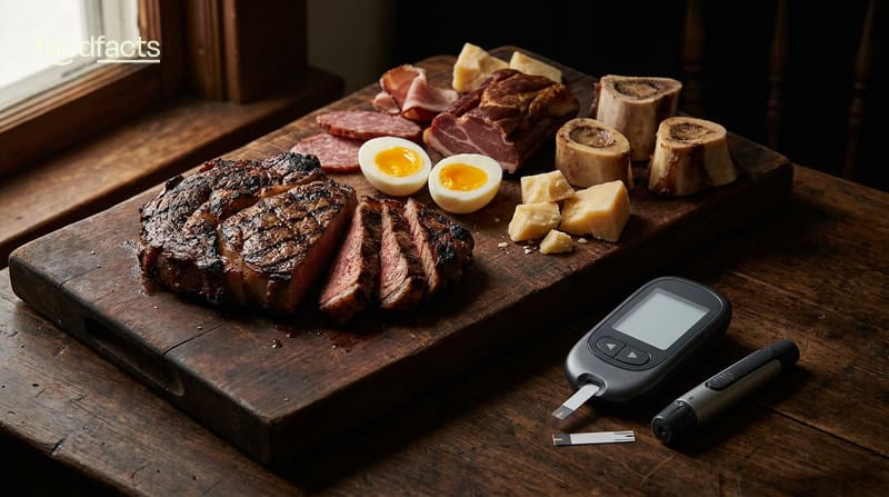 A steak, eggs and animal-based foods beside a blood glucose monitor
