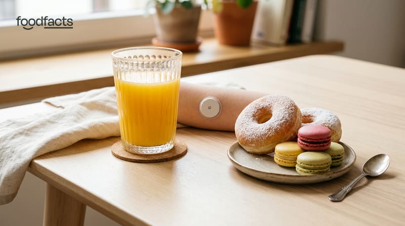 A glass of orange juice and sugary foods beside a continuous glucose monitor sensor