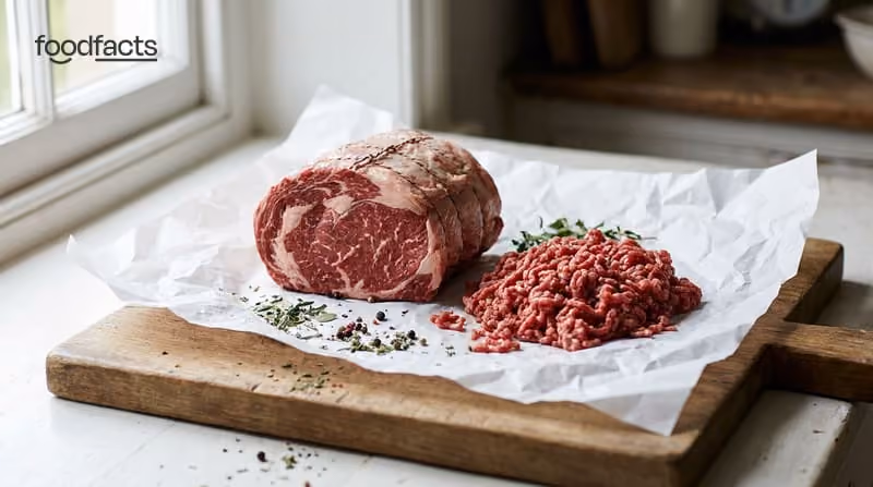 A raw beef roast and mince on butcher paper on a wooden board