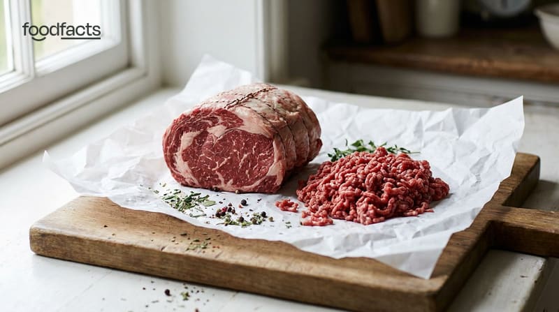 A raw beef roast and mince on butcher paper on a wooden board