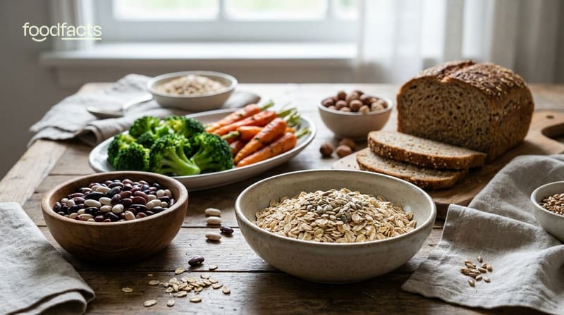 A spread of high-fibre foods including oats, beans, vegetables and wholegrain bread