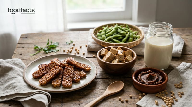 A spread of soy foods including tempeh, tofu, edamame, soy milk and miso