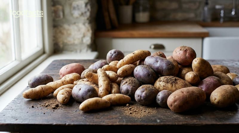A pile of raw potatoes of different varieties on rustic wood