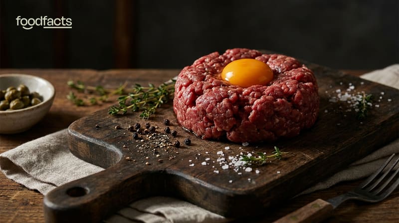 Raw minced beef and a raw egg yolk on a board representing the raw meat trend