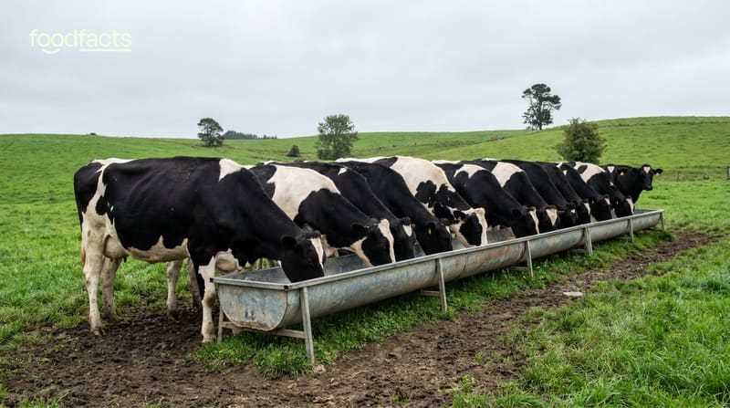 Dairy cattle feeding at a trough in a green field