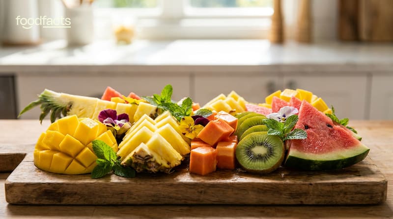 Assorted sliced tropical fruit arranged on a board