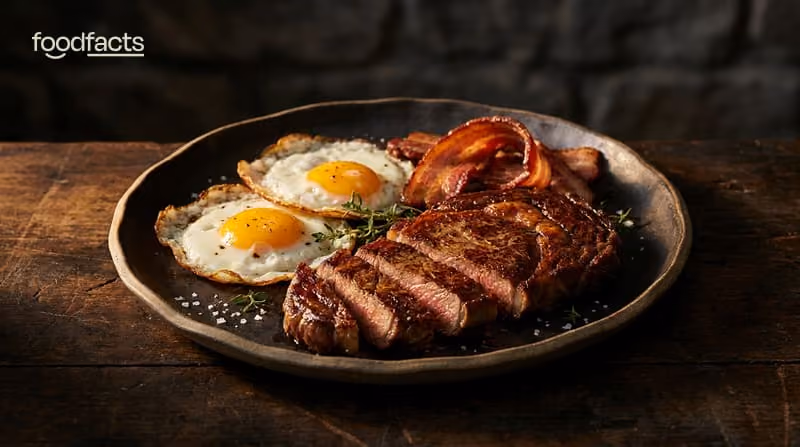 A carnivore diet plate of steak, eggs and bacon on a dark surface
