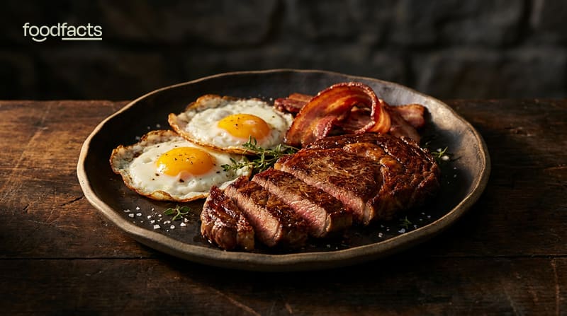 A carnivore diet plate of steak, eggs and bacon on a dark surface