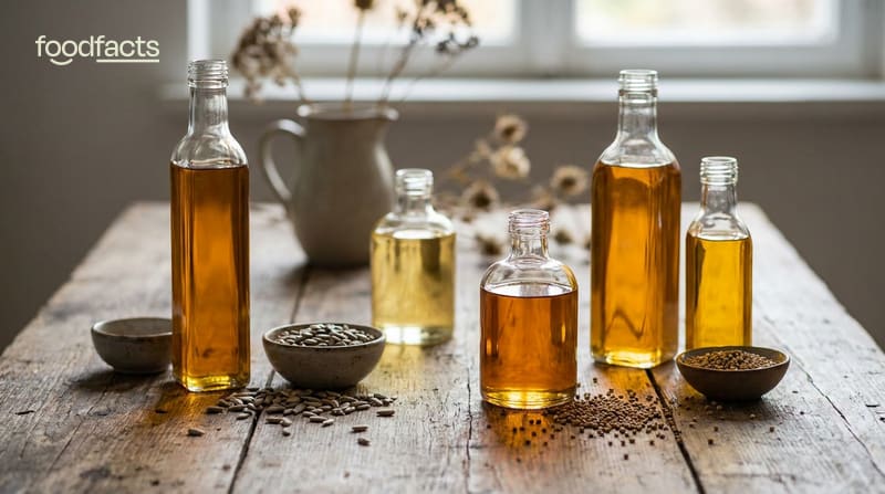 Bottles of seed oils including sunflower and rapeseed with seeds on a table