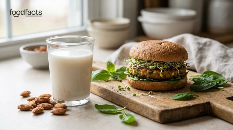 A glass of almond milk and a plant-based burger with fresh greenery