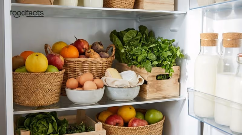 A fridge shelf of fresh whole foods including vegetables, dairy and eggs
