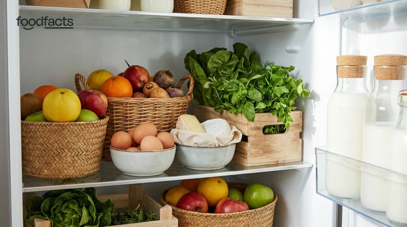 A fridge shelf of fresh whole foods including vegetables, dairy and eggs