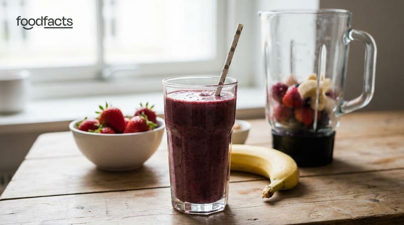 A berry smoothie in a glass beside fresh fruit and a blender
