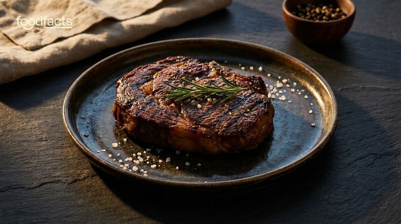 A grilled steak on a plate with rosemary on a dark surface