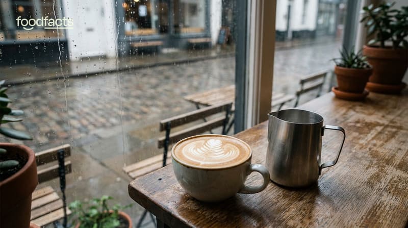 A cup of coffee with latte art beside a small milk jug on a wooden cafe table by a rainy window