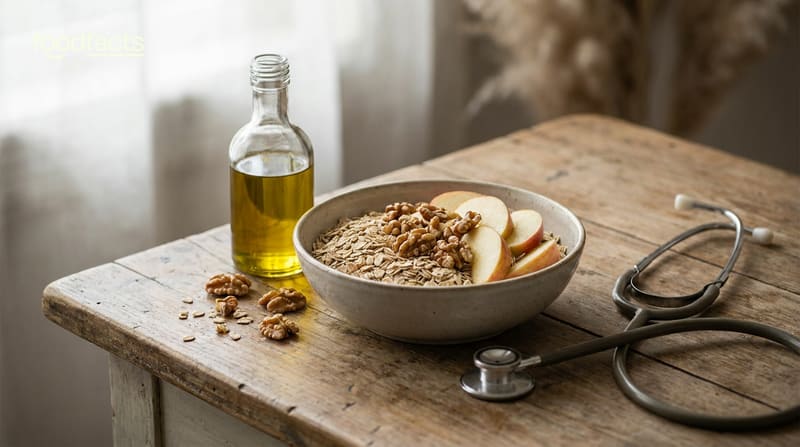 A bowl of oats, an apple, walnuts and a bottle of olive oil beside a stethoscope on a wooden table