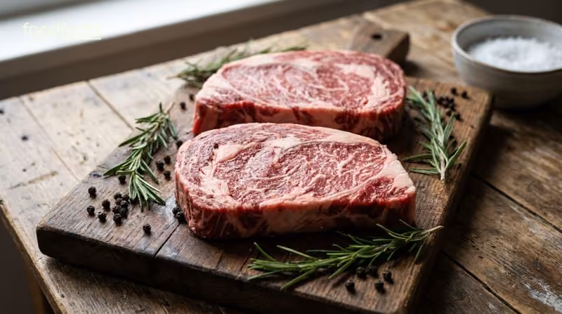 Two raw marbled beef steaks on a wooden board with sprigs of rosemary and black peppercorns