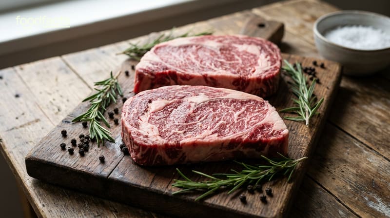 Two raw marbled beef steaks on a wooden board with sprigs of rosemary and black peppercorns