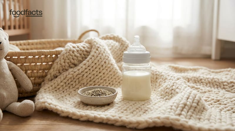 A baby feeding bottle of milk beside a small bowl of seeds on a knitted blanket in a nursery