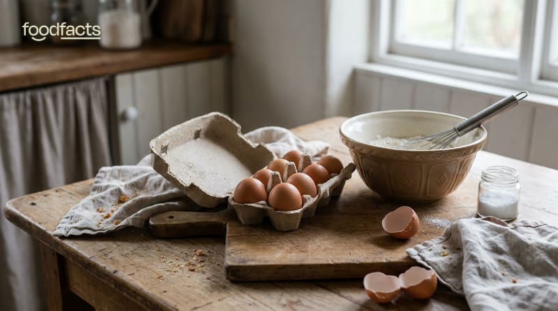 An open carton of brown eggs with a mixing bowl on a rustic farmhouse kitchen table