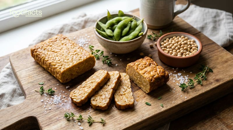A block and slices of tempeh on a wooden board with a bowl of edamame and a bowl of soybeans