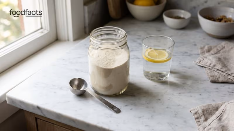 A glass jar of collagen powder with a stainless scoop, a glass of water with lemon on a bright marble kitchen counter