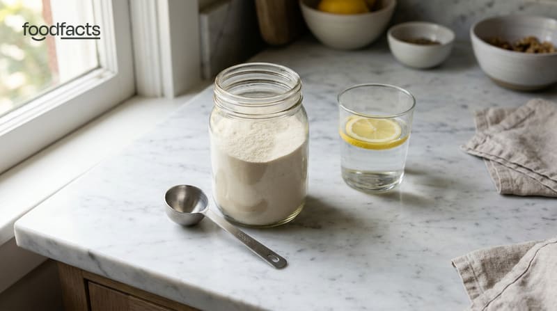A glass jar of collagen powder with a stainless scoop, a glass of water with lemon on a bright marble kitchen counter