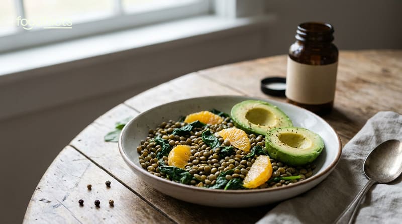 Folate-rich foods including green lentils, spinach, orange segments and avocado beside a supplement bottle on a wooden table