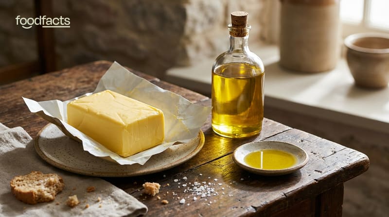 A block of butter on a ceramic plate beside a bottle of golden plant oil and a small dish of oil on a rustic wooden table