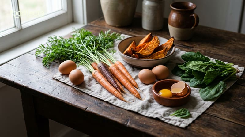 Vitamin A rich foods including carrots, roasted sweet potato, fresh spinach and brown eggs on a rustic wooden table