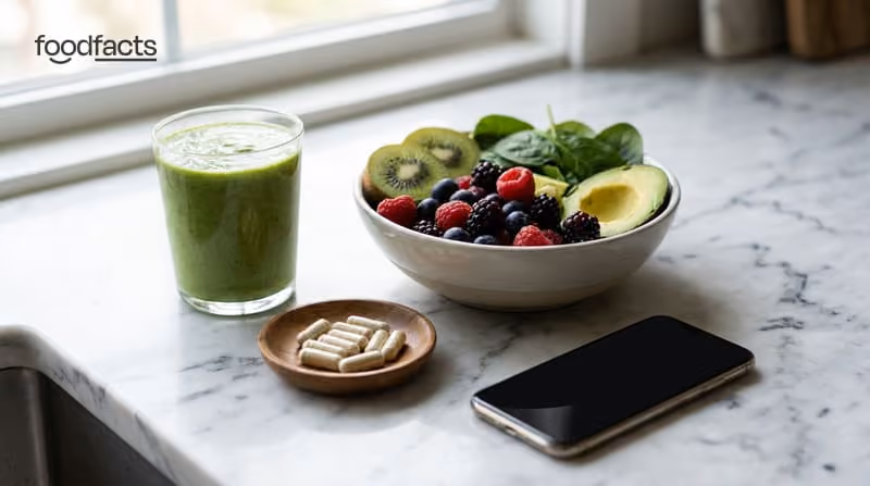 A green smoothie, a bowl of fresh fruit and vegetables, a dish of supplement capsules and a smartphone on a marble surface