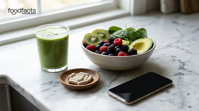 A green smoothie, a bowl of fresh fruit and vegetables, a dish of supplement capsules and a smartphone on a marble surface