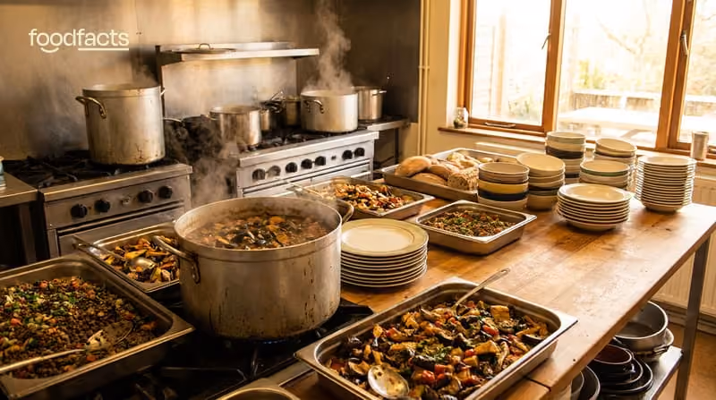 Large steaming pots of vegetable stew with trays of prepared food and stacked bowls on a community kitchen counter
