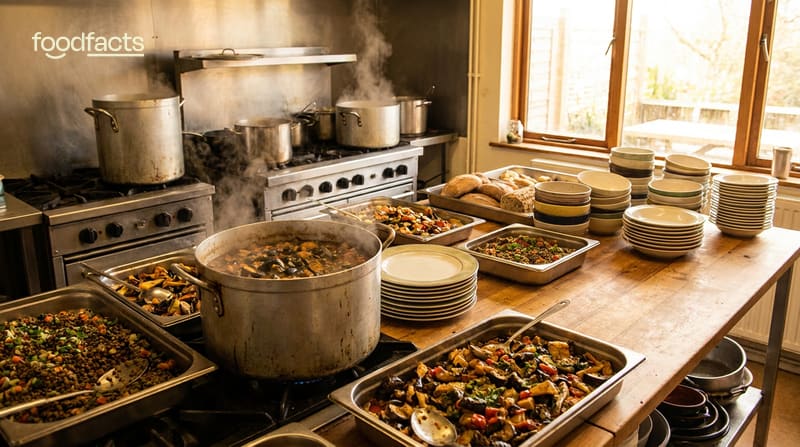 Large steaming pots of vegetable stew with trays of prepared food and stacked bowls on a community kitchen counter